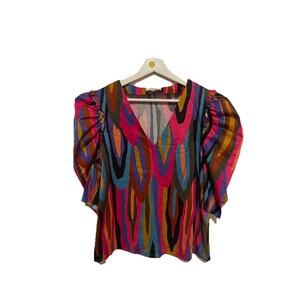 Crosby By Mollie Burch Colorful Abstract Print V-Neck Short‎ Sleeve Blouse Large